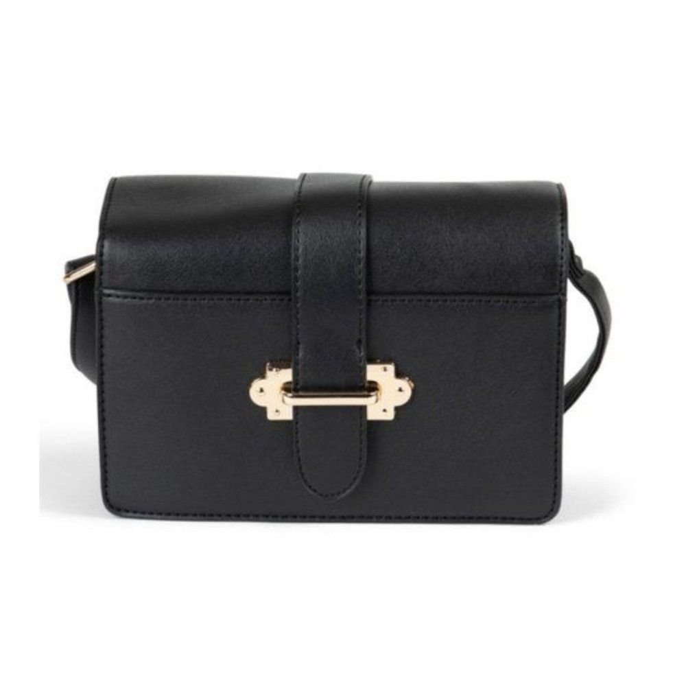 Black Vegan Leather Crossbody Satchel with Clasp